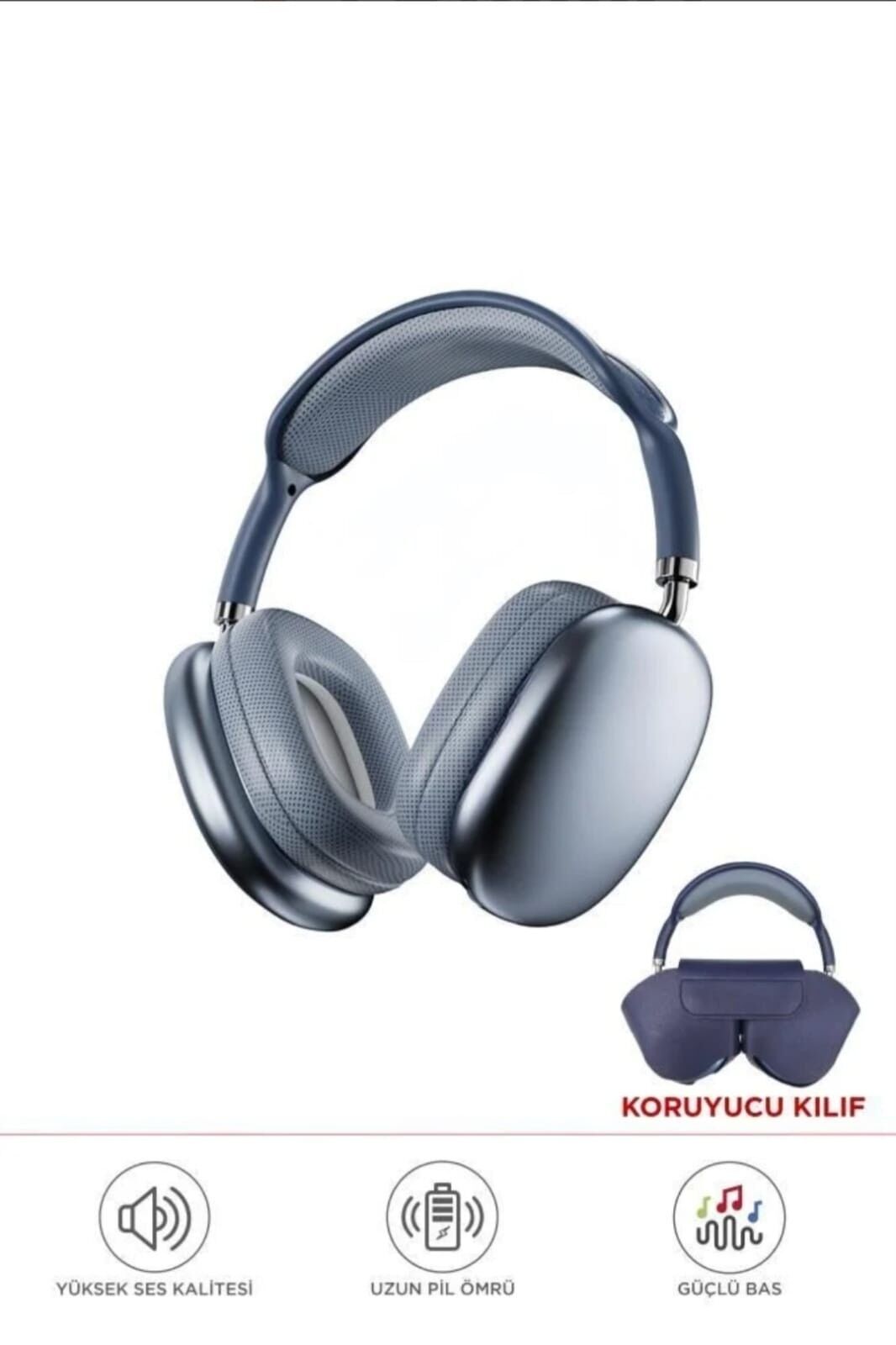 P9 Air Pro Max Kablosuz 5.3 Mikrofonlu Sd Kart Girişli Aux Kablolu Bluetooth Kulaklık Kılıf Hediyeli Mavi
