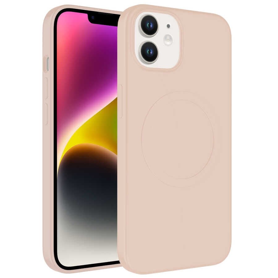 iPhone 11 Kılıf Magsafe Wireless Şarj Özellikli Pastel Renk Silikon Plas Kapak Pembe Açık