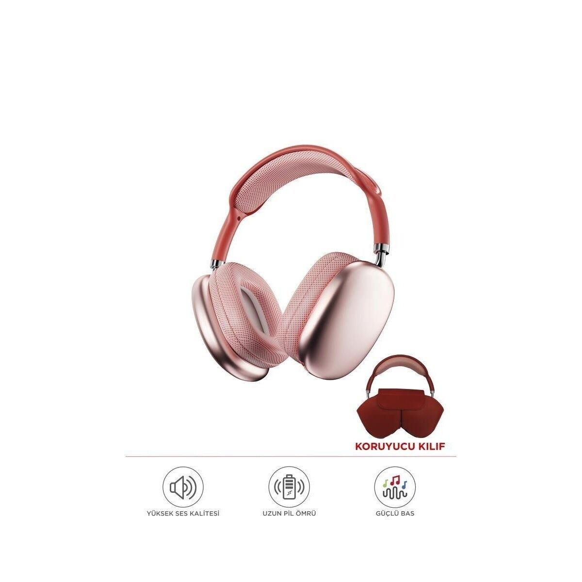 P9 Air Pro Max Kablosuz 5.3 Mikrofonlu Sd Kart Girişli Aux Kablolu Bluetooth Kulaklık Kılıf Hediyeli Pembe