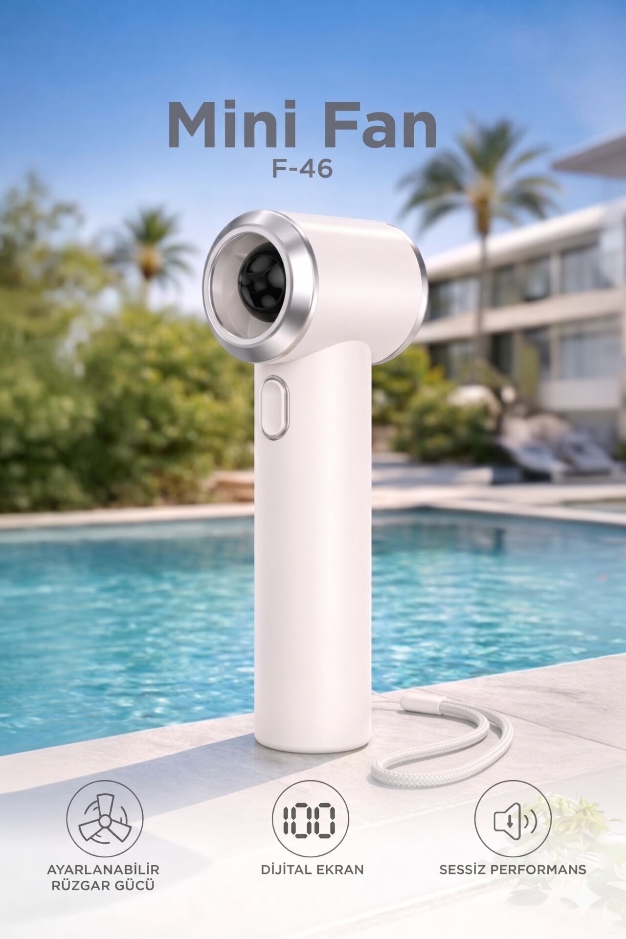 Şarjlı El Vantilatörü Dijital Göstergeli 5 Kademeli Turbo Mini Fan F46 Beyaz