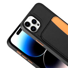 iPhone 14 Pro Max Uyumlu Kartlıklı Süni Deri X-Kart Cüzdan Silikon Kapak Kahverengi