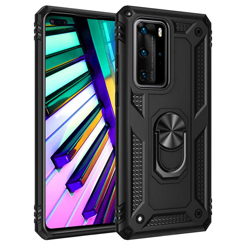 Huawei P40 Pro Kılıf Vega Tank Sert Yüzüklü Standlı Zırh Koruma Kapak Siyah