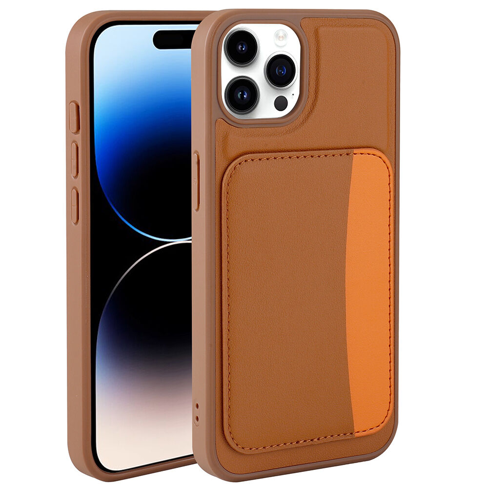 iPhone 14 Pro Max Uyumlu Kartlıklı Süni Deri X-Kart Cüzdan Silikon Kapak Kahverengi