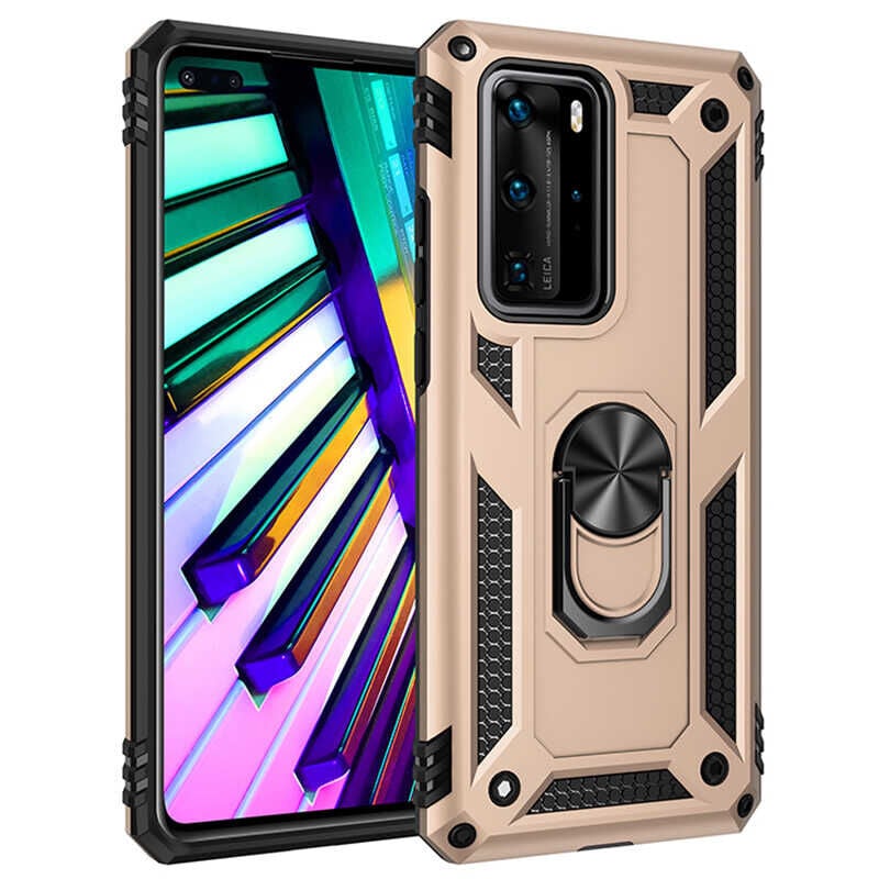 Huawei P40 Pro Kılıf Vega Tank Sert Yüzüklü Standlı Zırh Koruma Kapak Gold