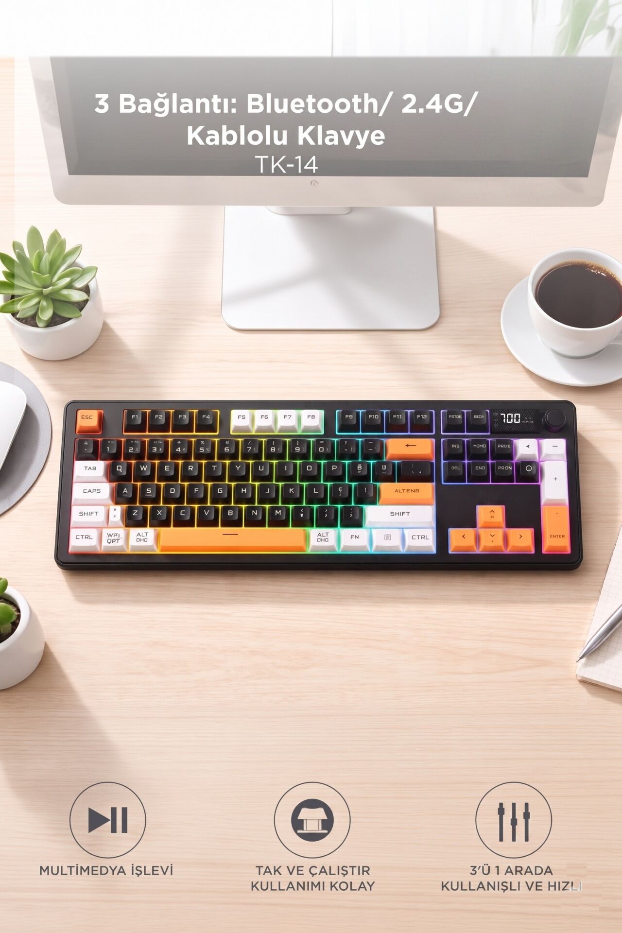 Oyuncu Klavyesi Rgb Işıklı Dijital Ekranlı 3 Modlu Mekanik Hisli Kablosuz Klavye TK14