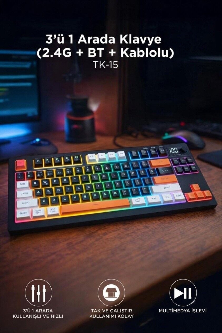 Çoklu Bağlantılı 2.4G +BT +Kablolu RGB Işıklı Q Klavye TK15