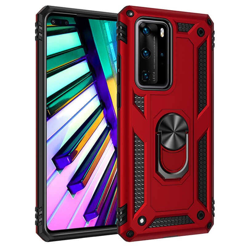 Huawei P40 Pro Kılıf Vega Tank Sert Yüzüklü Standlı Zırh Koruma Kapak Kırmızı