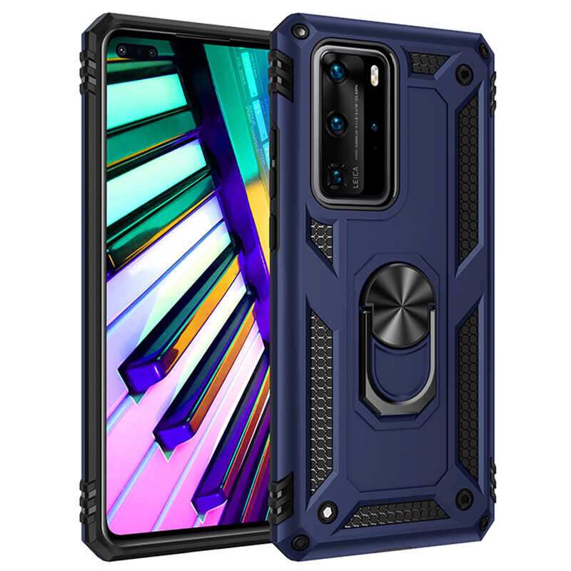 Huawei P40 Pro Kılıf Vega Tank Sert Yüzüklü Standlı Zırh Koruma Kapak Mavi