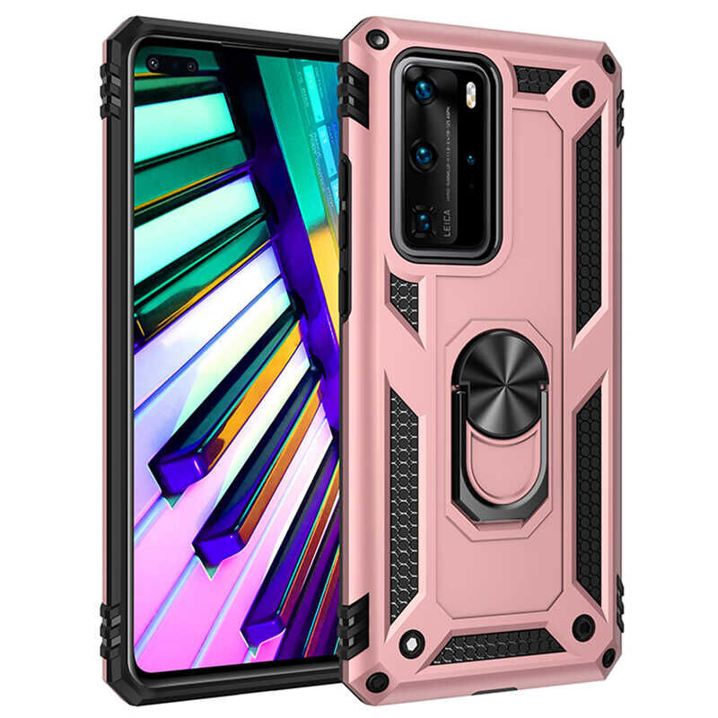 Huawei P40 Pro Kılıf Vega Tank Sert Yüzüklü Standlı Zırh Koruma Kapak Rose Gold