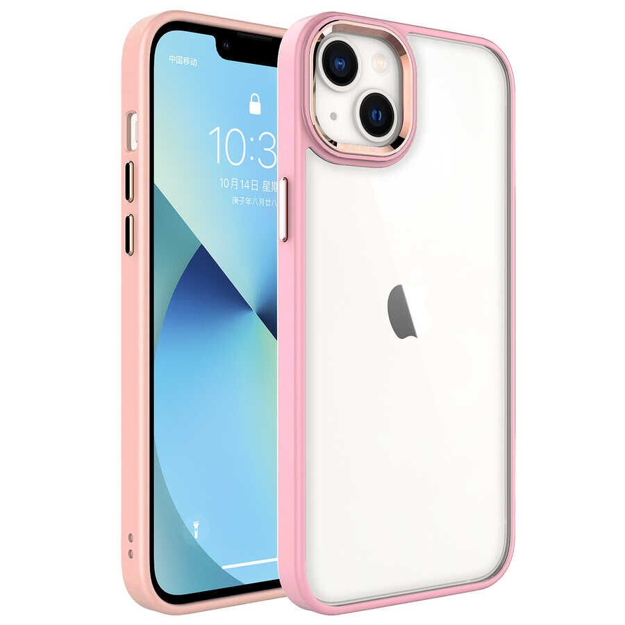 iPhone 14 Plus Renkli Silikon Kenarlı Kılıf Krom Kapak Pembe Açık