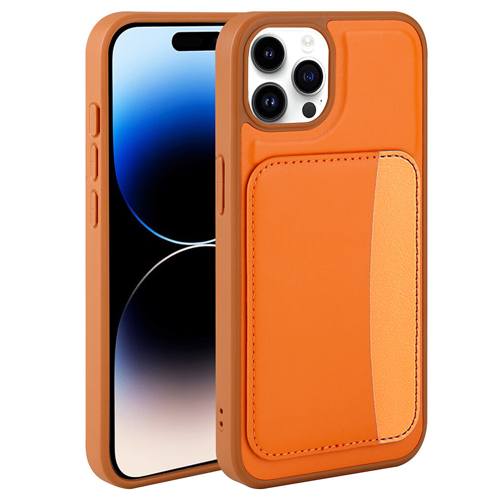 iPhone 15 Pro Max Uyumlu Kartlıklı Süni Deri X-Kart Cüzdan Silikon Kapak Turuncu