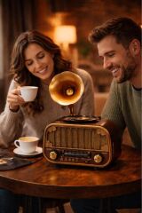 Bluetooh Hoparlör Nostaljik Radyo AUX USB TF Destekli Speaker D76 Ahşap