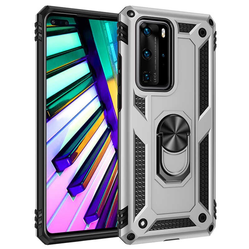 Huawei P40 Pro Kılıf Vega Tank Sert Yüzüklü Standlı Zırh Koruma Kapak Gri