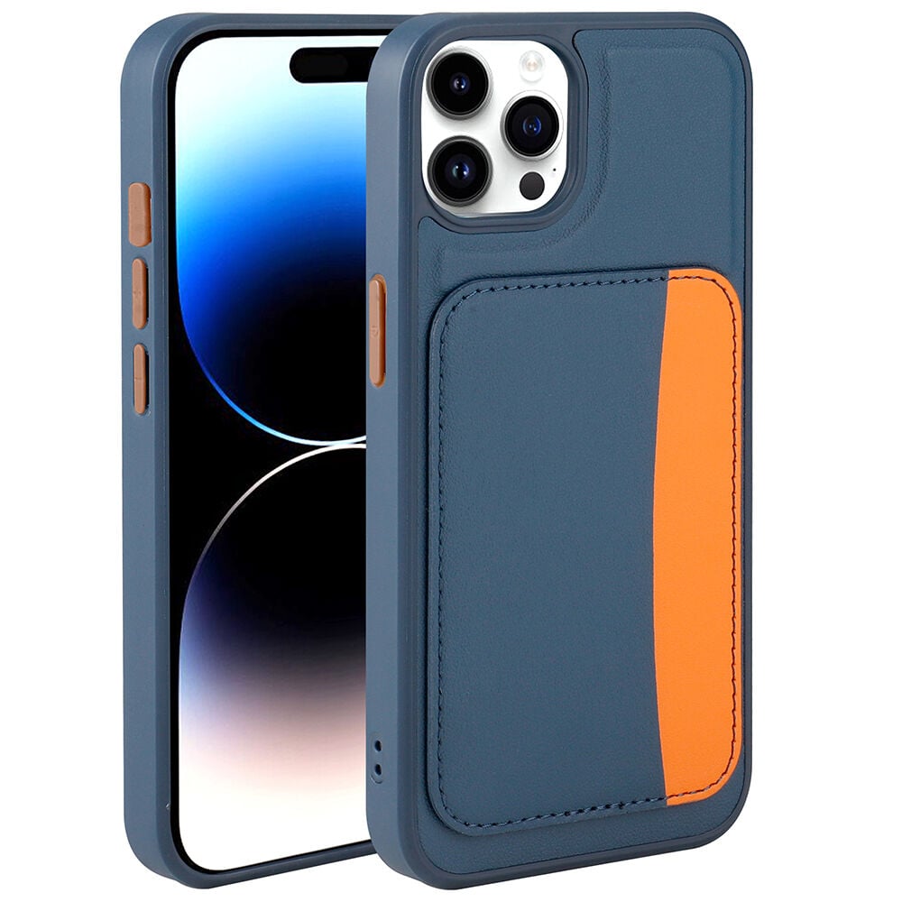 iPhone 15 Pro Max Uyumlu Kartlıklı Süni Deri X-Kart Cüzdan Silikon Kapak Lacivert
