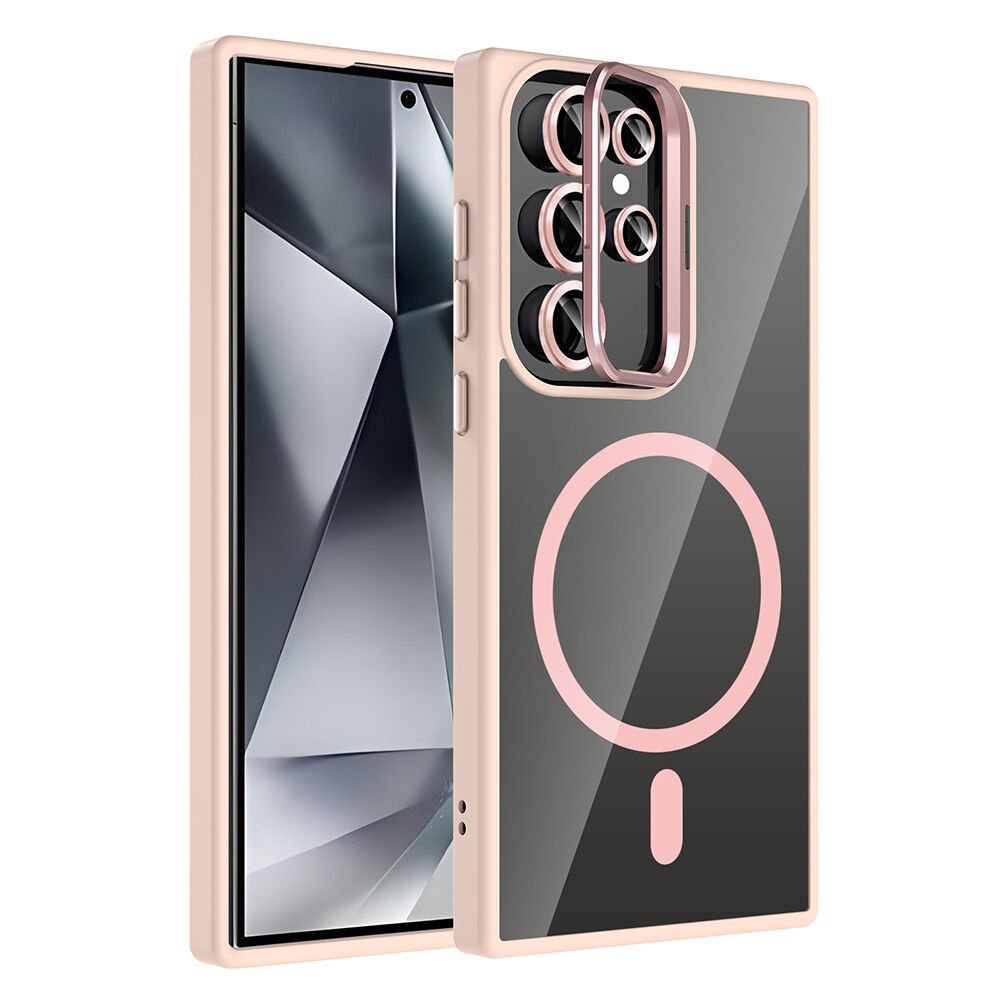 Samsung Galaxy S24 Ultra Kılıf Standlı ve Kamera Lens Hediyeli Kablosuz Şarj Özellikli Etro Kapak Pembe