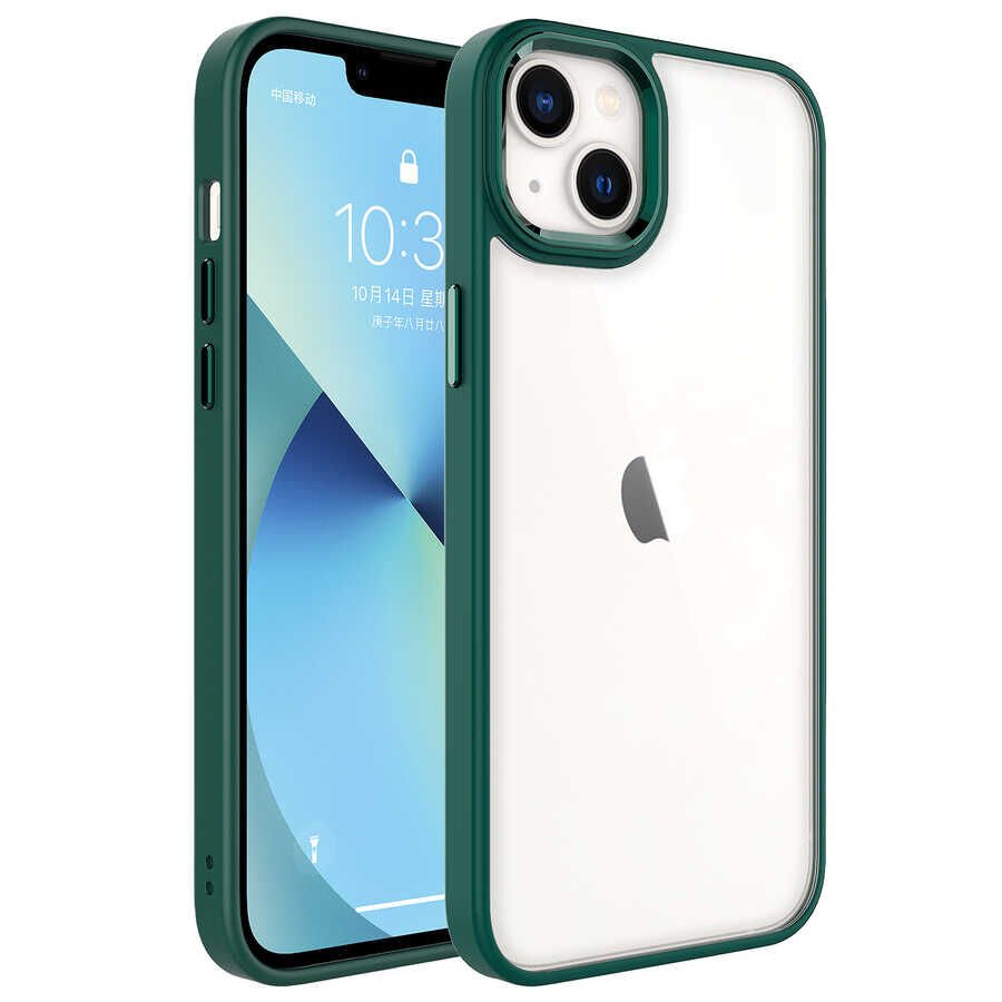 iPhone 14 Plus Renkli Silikon Kenarlı Kılıf Krom Kapak Koyu Yeşil