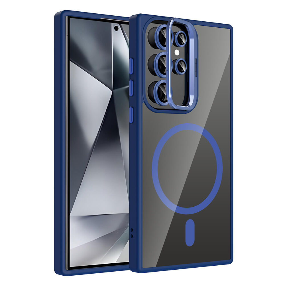 Samsung Galaxy S24 Ultra Kılıf Standlı ve Kamera Lens Hediyeli Kablosuz Şarj Özellikli Etro Kapak Lacivert