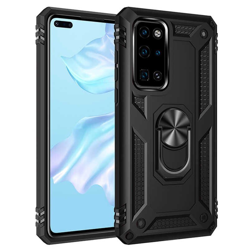 Huawei P40 Kılıf Kılıf Vega Tank Sert Yüzüklü Standlı Zırh Koruma Kapak Siyah