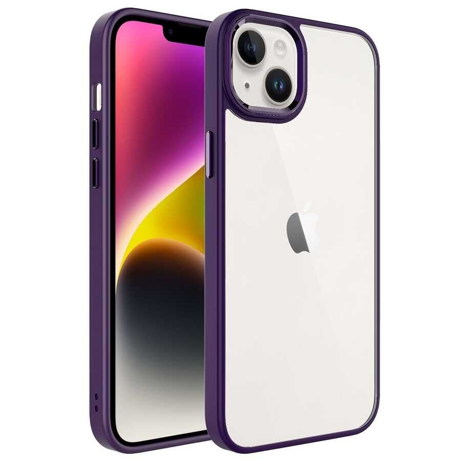 iPhone 14 Plus Renkli Silikon Kenarlı Kılıf Krom Kapak Derin Mor