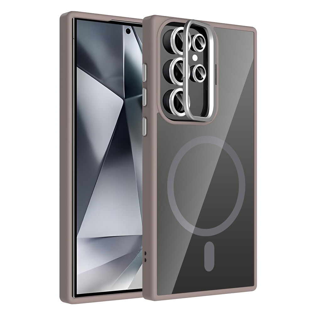 Samsung Galaxy S24 Ultra Kılıf Standlı ve Kamera Lens Hediyeli Kablosuz Şarj Özellikli Etro Kapak Gri