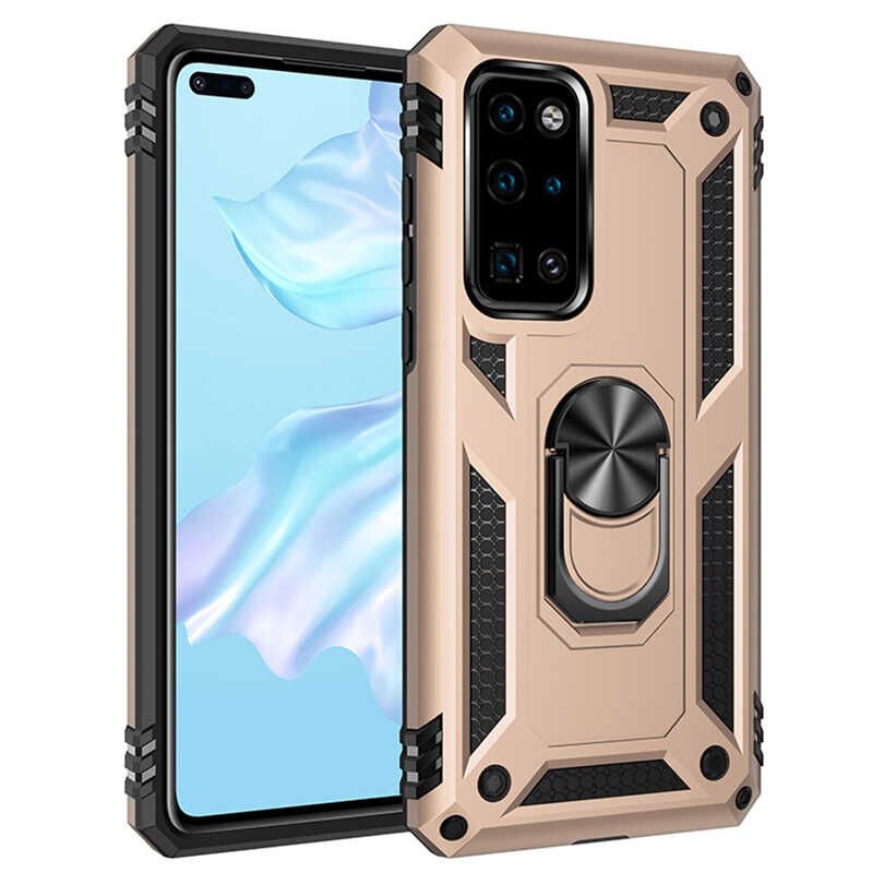 Huawei P40 Kılıf Kılıf Vega Tank Sert Yüzüklü Standlı Zırh Koruma Kapak Gold