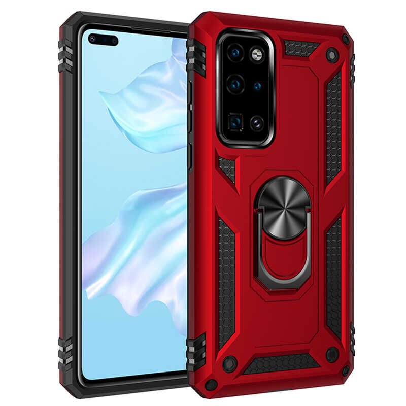 Huawei P40 Kılıf Kılıf Vega Tank Sert Yüzüklü Standlı Zırh Koruma Kapak Kırmızı