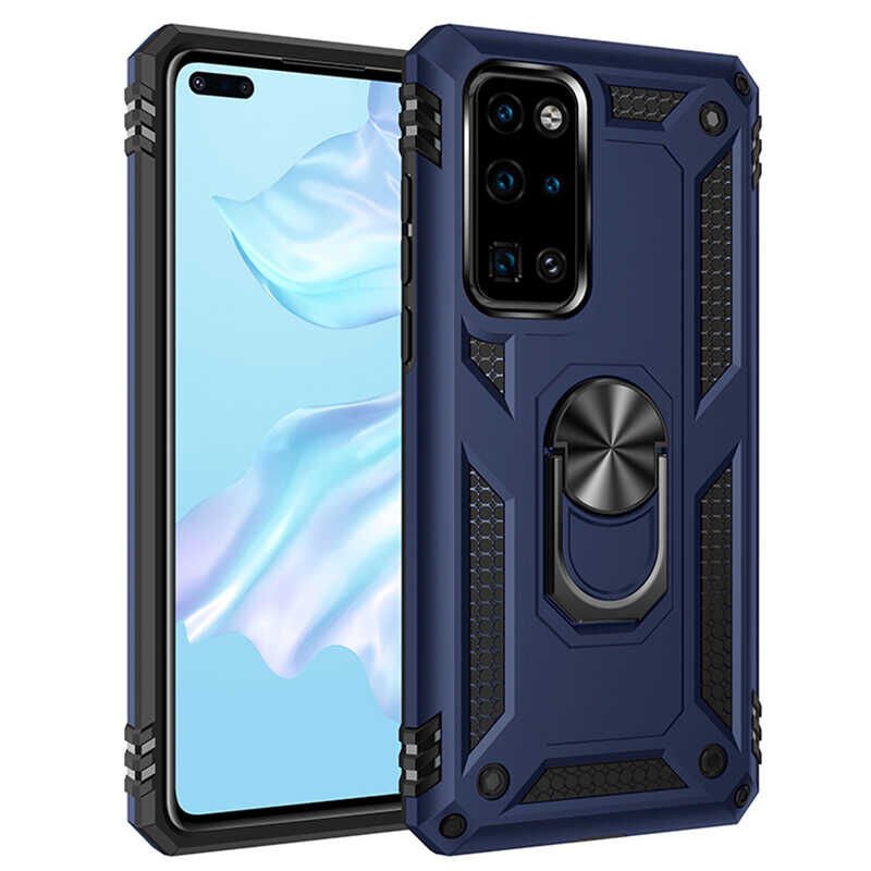 Huawei P40 Kılıf Kılıf Vega Tank Sert Yüzüklü Standlı Zırh Koruma Kapak Mavi