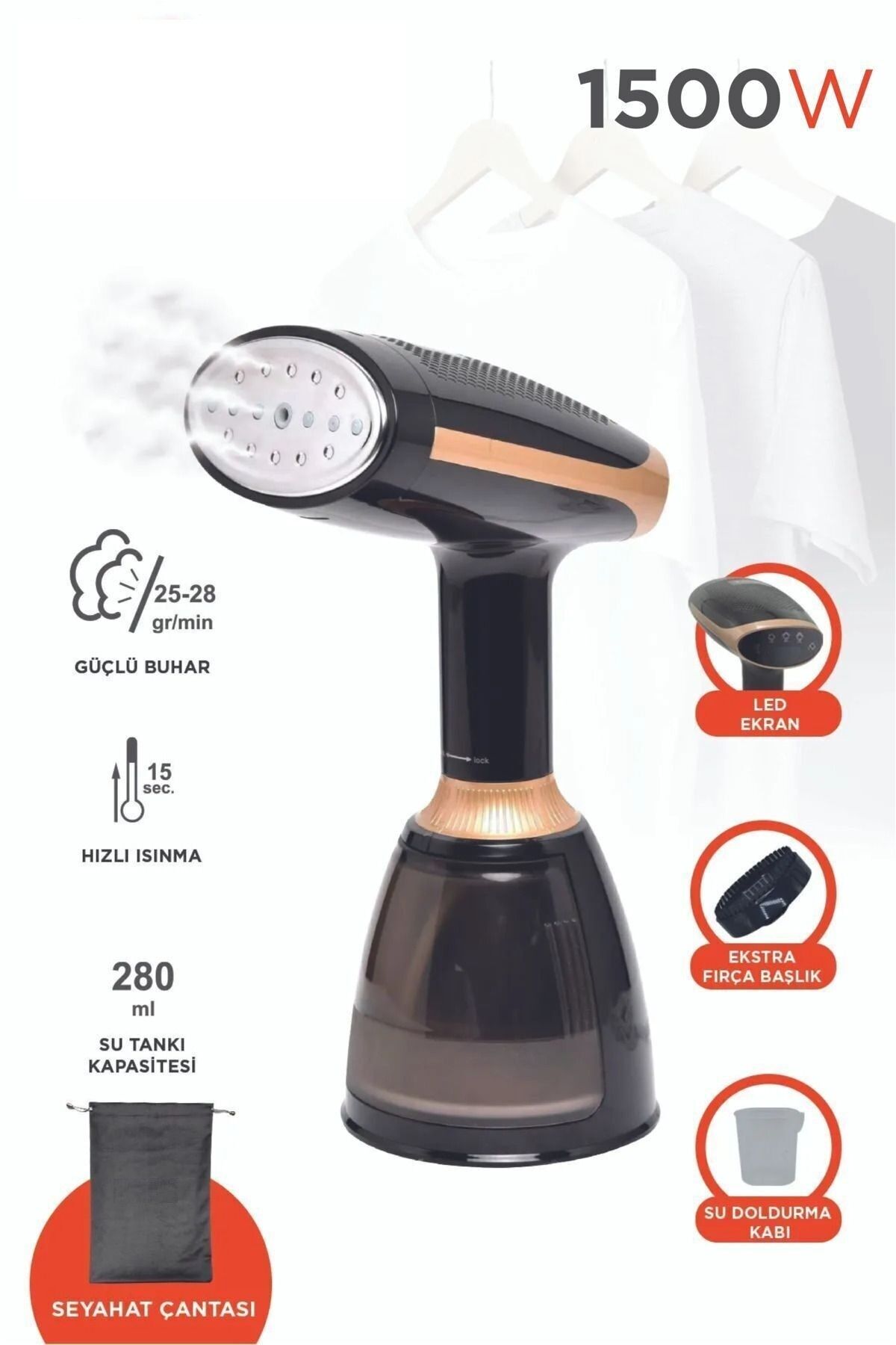 KY-003 Siyah Buharlı Kırışık Giderici 1500w Taşınabilir Seyahat boy dikey ütü