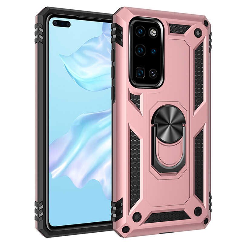 Huawei P40 Kılıf Kılıf Vega Tank Sert Yüzüklü Standlı Zırh Koruma Kapak Rose Gold