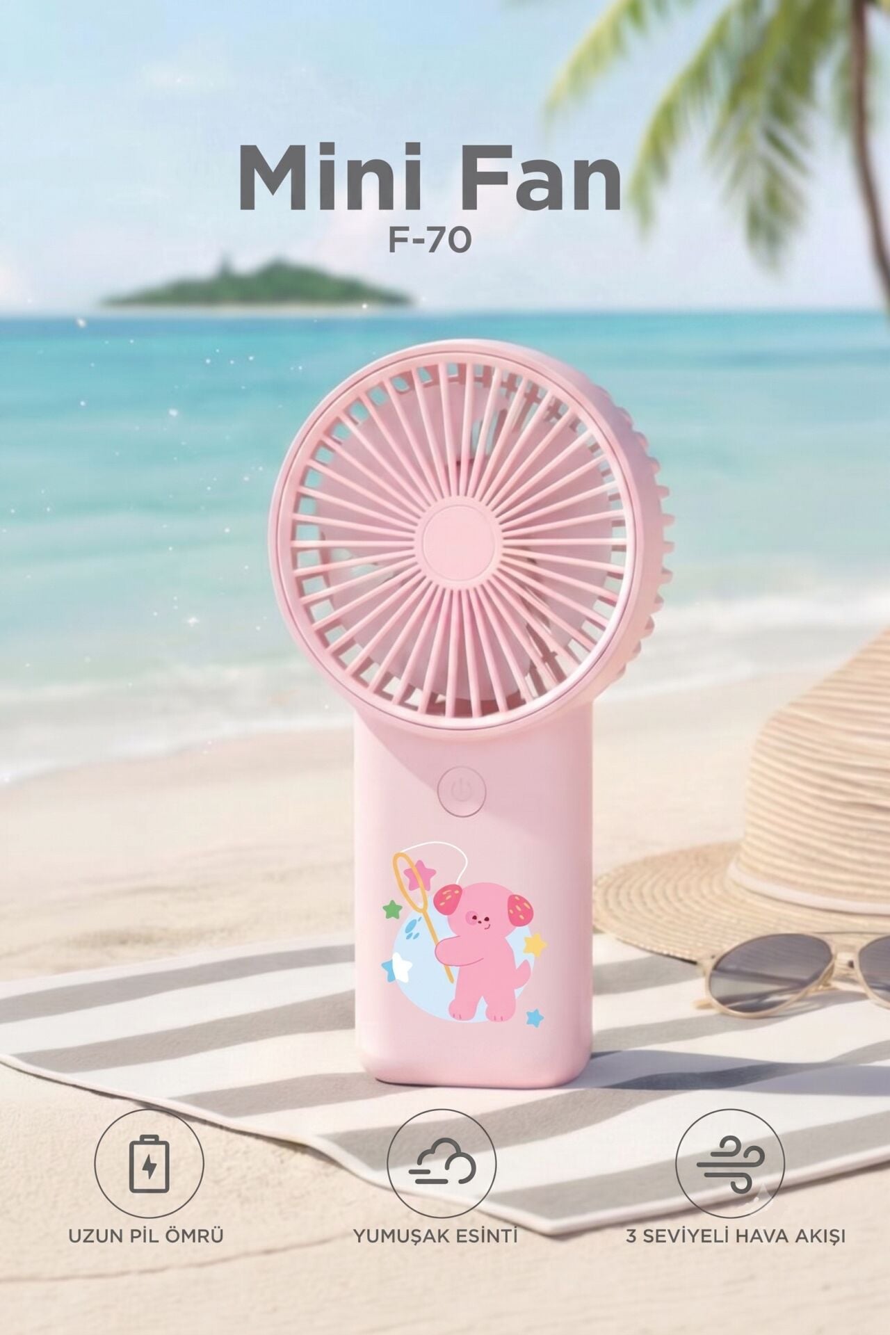 Şarjlı El Vantilatörü Mini Taşınabilir 3 Kademeli Kapibara Figürlü Masa Fanı F70 Pembe
