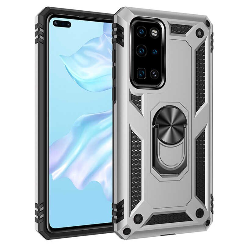 Huawei P40 Kılıf Kılıf Vega Tank Sert Yüzüklü Standlı Zırh Koruma Kapak Gri