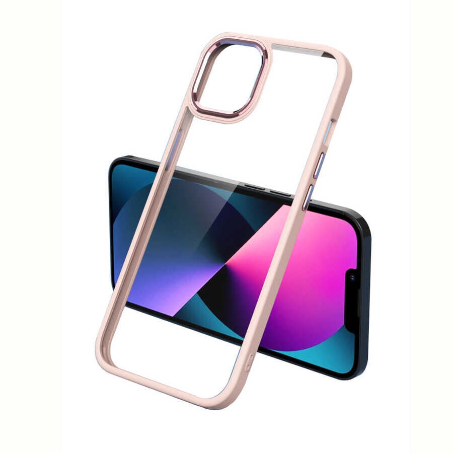 iPhone 12 Kılıf Renkli Silikon Kenarlı Krom Kapak Pembe Açık