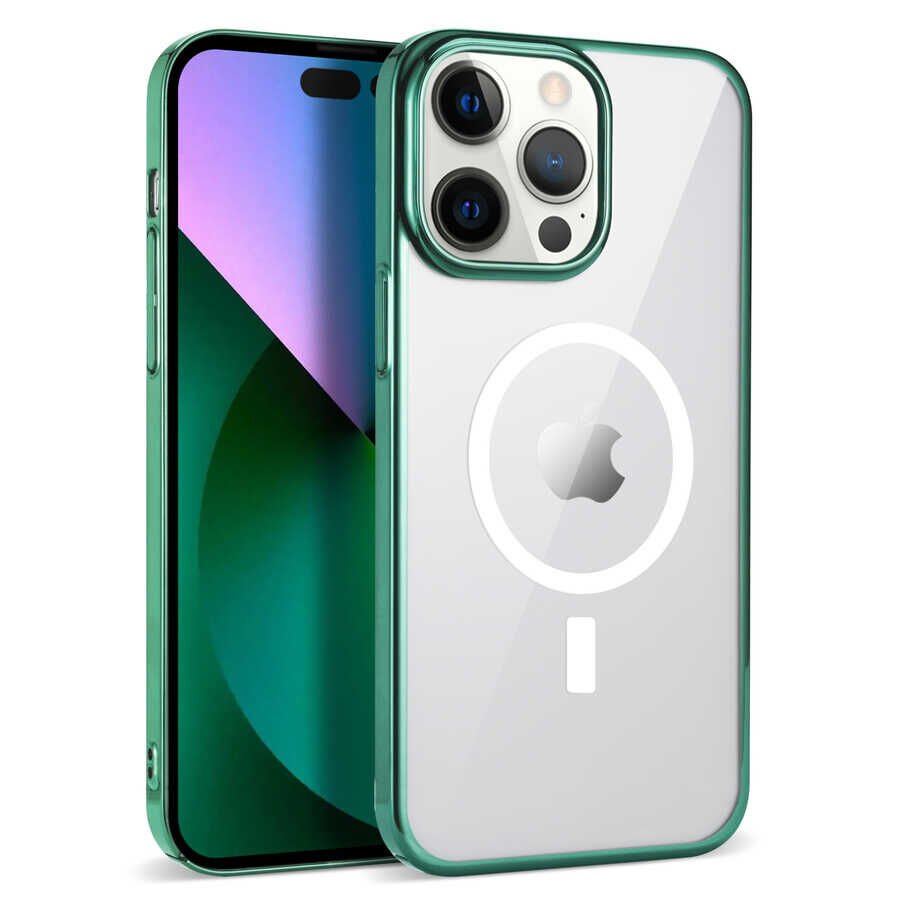 iPhone 13 Pro Max Kılıf Wireless Şarj Özellikli Pixel Magsafe Kapak Koyu Yeşil