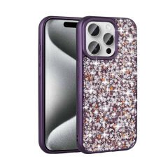 iPhone 15 Pro Max Kılıf Parlak Taşlı Tasarım Linea Kapak Kılıf Derin Mor
