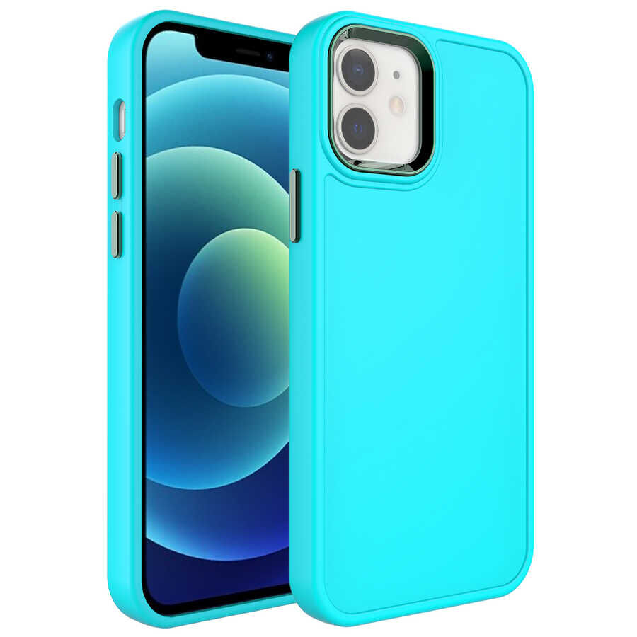 iPhone 12 Kılıf Metal Çerçeve ve Buton Tasarımlı Sert Botox Kapak Turkuaz