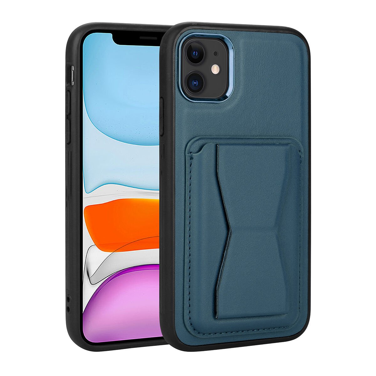 iPhone 11 Kılıf Kartlıklı Standlı ​Pu Deri Memo Kapak Lacivert
