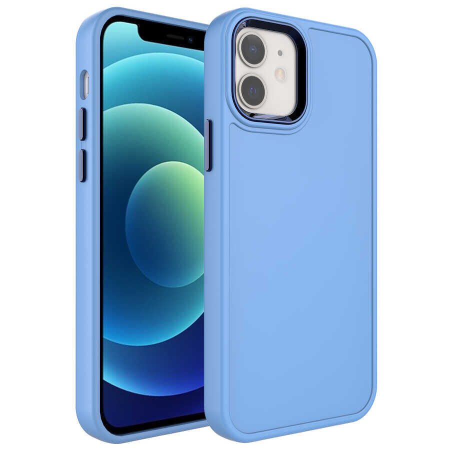 iPhone 12 Kılıf Metal Çerçeve ve Buton Tasarımlı Sert Botox Kapak Mavi