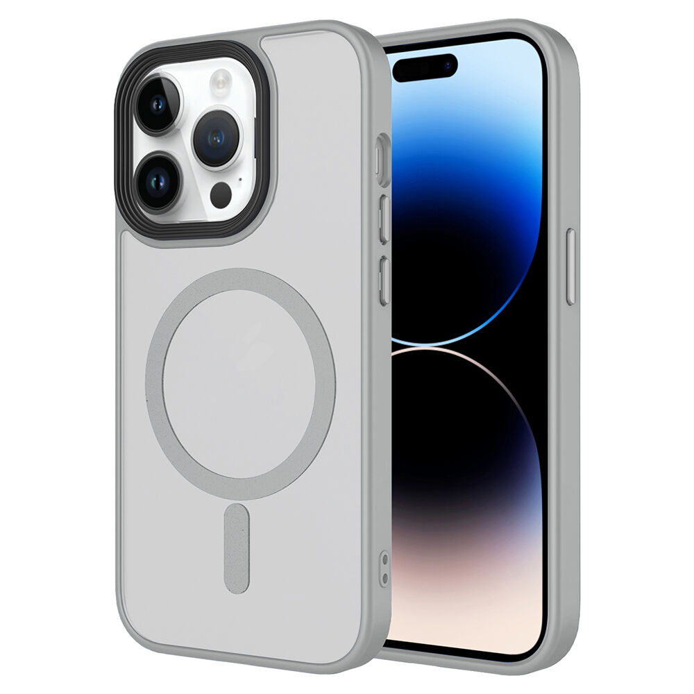 iPhone 14 Pro Kılıf Mat Arka Yüzey Wireless Şarj Özellikli Flet Magsafe Kapak Gri