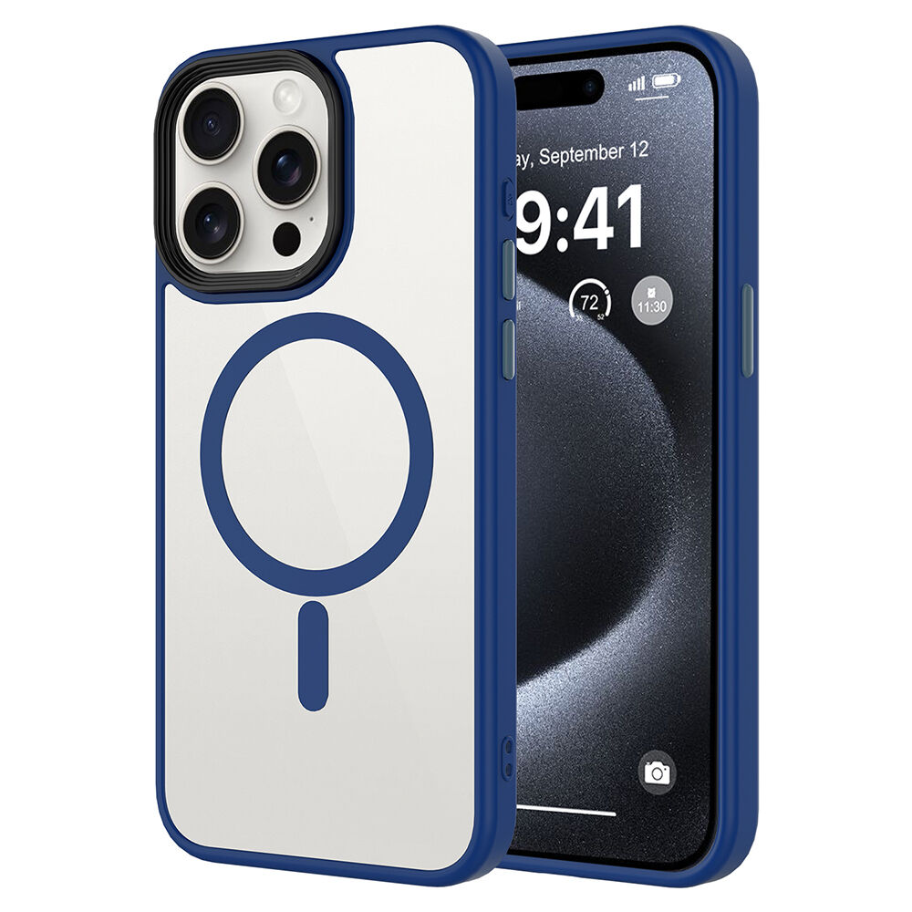 İPhone 14 Pro Max Kılıf Mat Arka Yüzey Wireless Şarj Özellikli Flet Magsafe Kapak Mavi