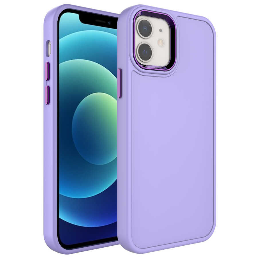 iPhone 12 Kılıf Metal Çerçeve ve Buton Tasarımlı Sert Botox Kapak Lila
