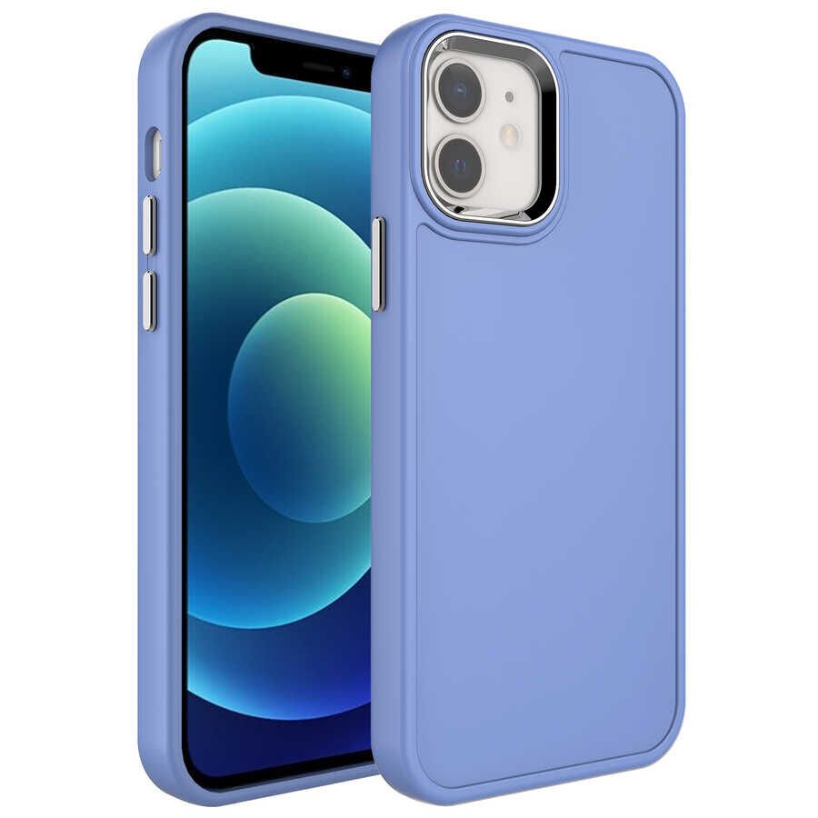 iPhone 12 Kılıf Metal Çerçeve ve Buton Tasarımlı Sert Botox Kapak Lavendery Gray