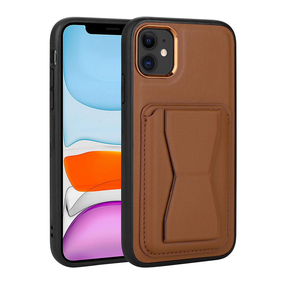 iPhone 11 Kılıf Kartlıklı Standlı ​Pu Deri Memo Kapak Kahverengi