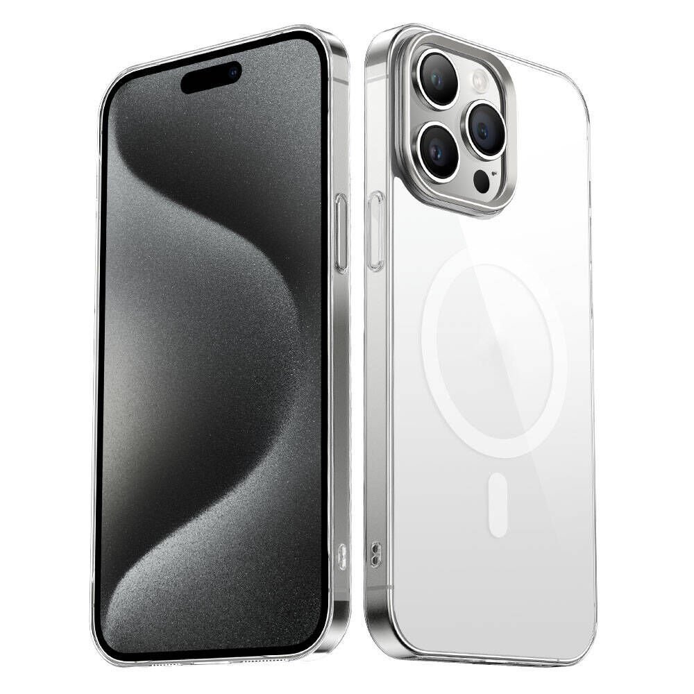 iPhone 15 Pro Max Kılıf  Wireless Şarj Özellikli Şeffaf G-Glass Kapak Kılıf Gümüş