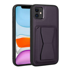 iPhone 11 Kılıf Kartlıklı Standlı ​Pu Deri Memo Kapak Koyu Mor