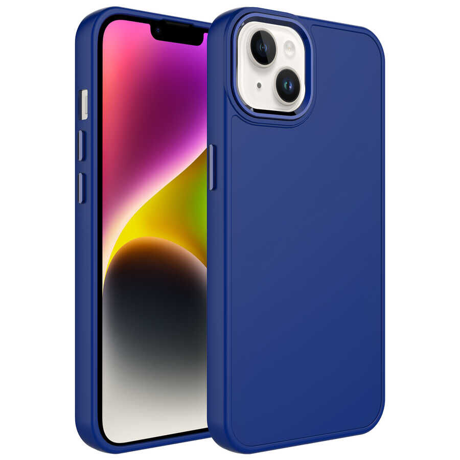 iPhone 13 Kılıf Metal Çerçeve ve Buton Tasarımlı Silikon Luna Kapak Lacivert
