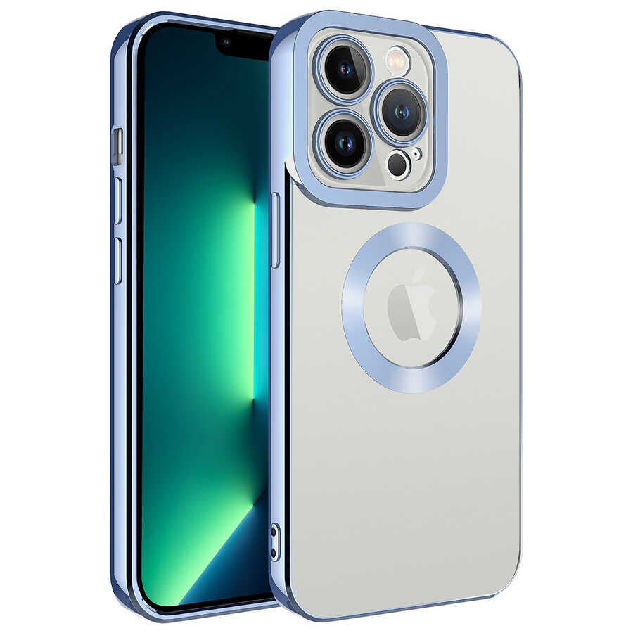 iPhone 13 Pro Kılıf Kamera Korumalı Logo Gösteren  Omega Kapak Mavi Açık