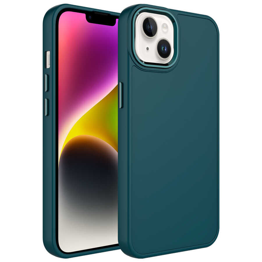 iPhone 13 Kılıf Metal Çerçeve ve Buton Tasarımlı Silikon Luna Kapak Koyu Yeşil