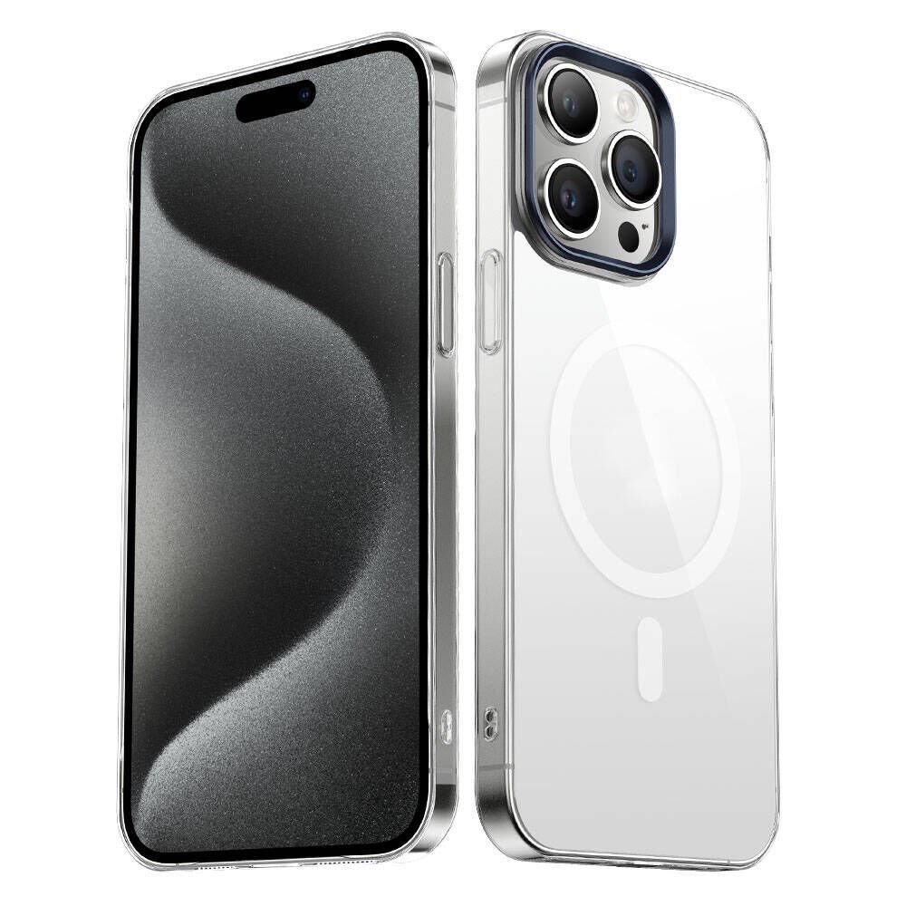 iPhone 15 Pro Max Kılıf  Wireless Şarj Özellikli Şeffaf G-Glass Kapak Kılıf Lacivert