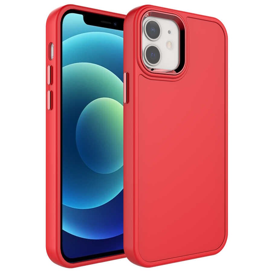 iPhone 12 Kılıf Metal Çerçeve ve Buton Tasarımlı Sert Botox Kapak Kırmızı