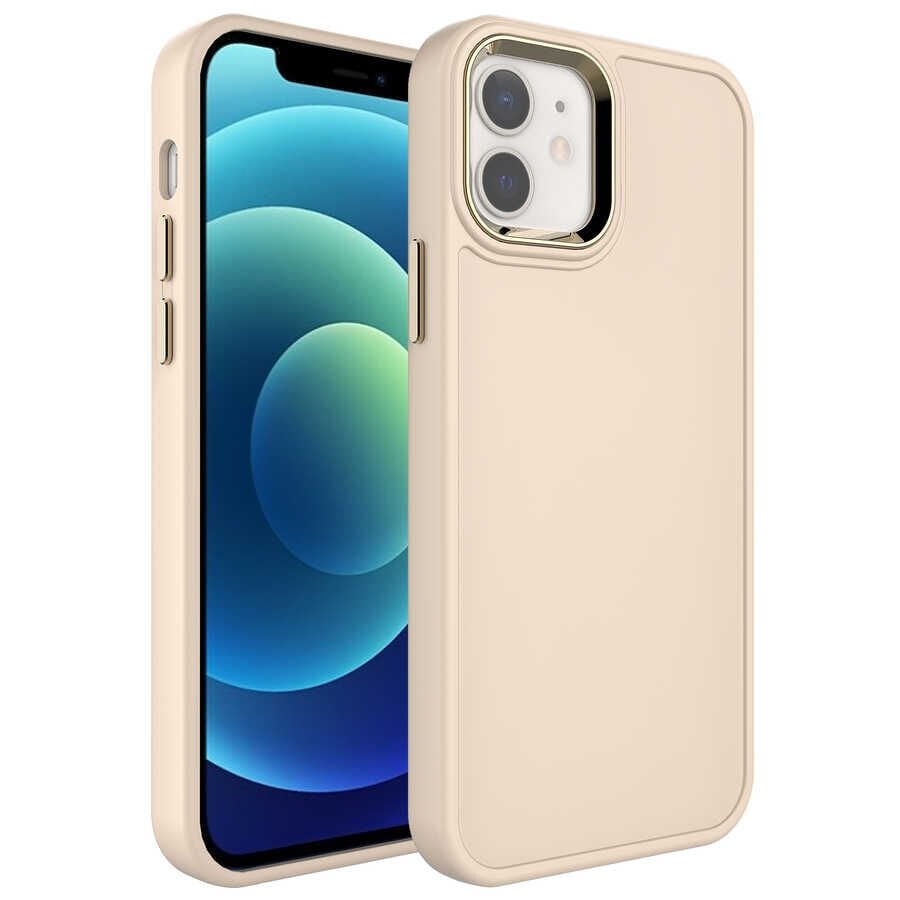 iPhone 12 Kılıf Metal Çerçeve ve Buton Tasarımlı Sert Botox Kapak Krem